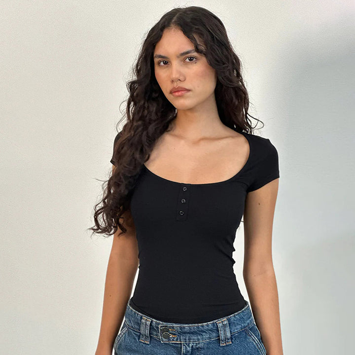 Women's fitted short sleeve shirt with a deep round neckline and fashionable button placket Lune London