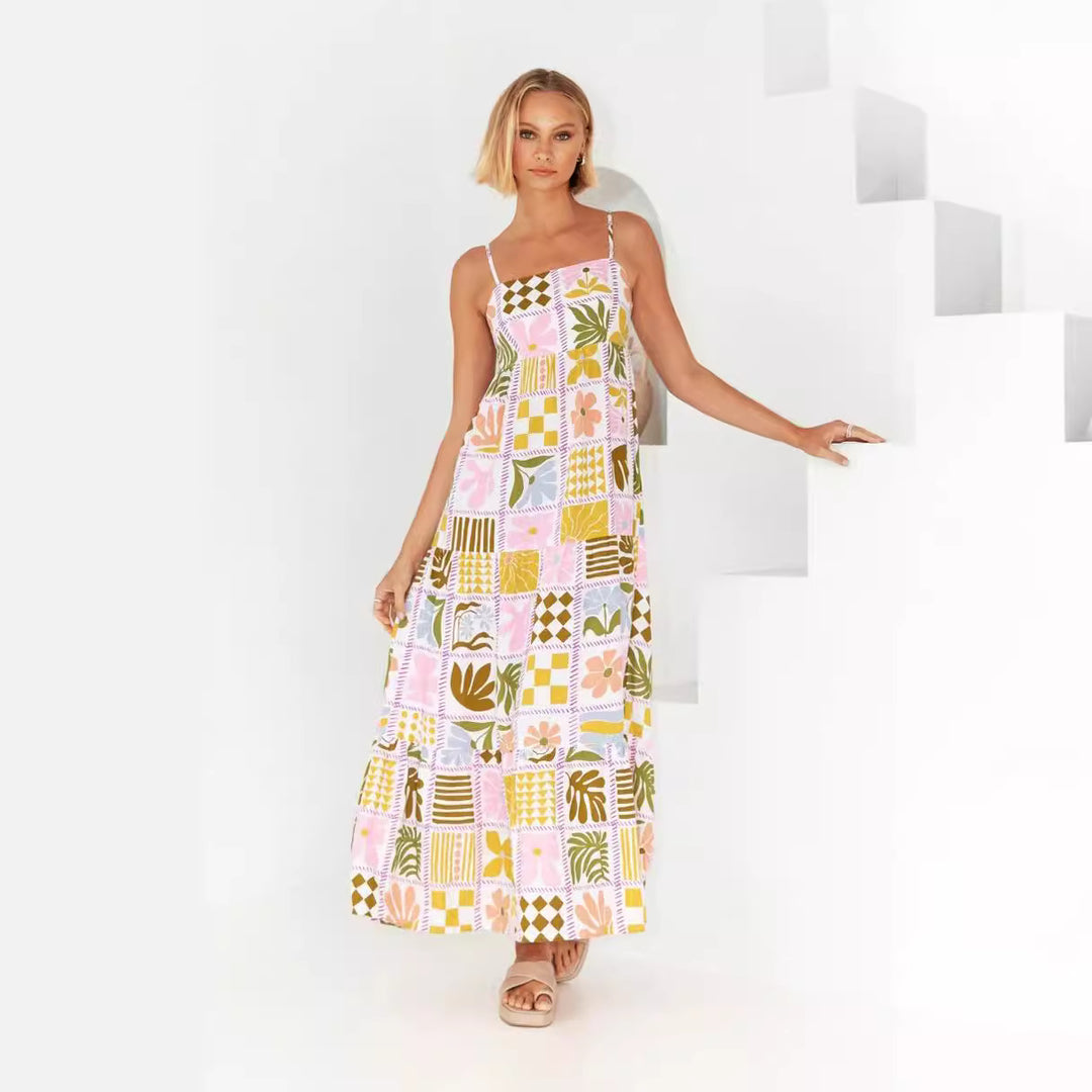Women's maxi dress with smocked top and playful graphic design Lune London