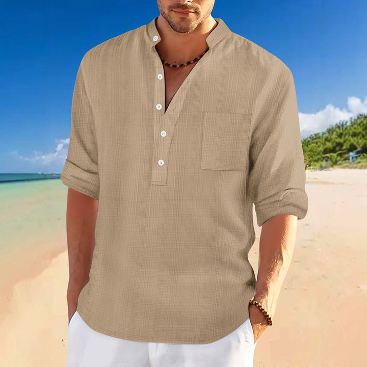 Men's casual short-sleeve shirt with modern stand-up collar and chest pocket Lisslune