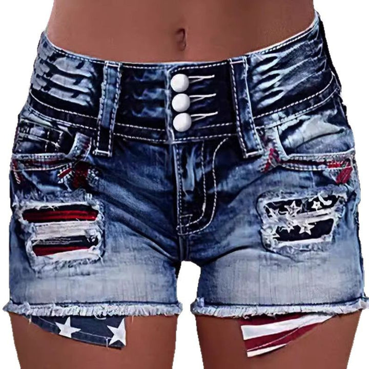 Women's cargo shorts with stylish tear details and patriotic applications Lisslune