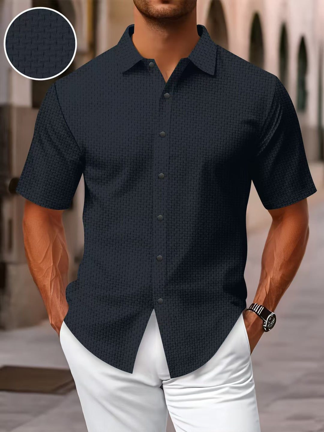 Men's short-sleeve shirt with textured pattern and subtle collar Lisslune