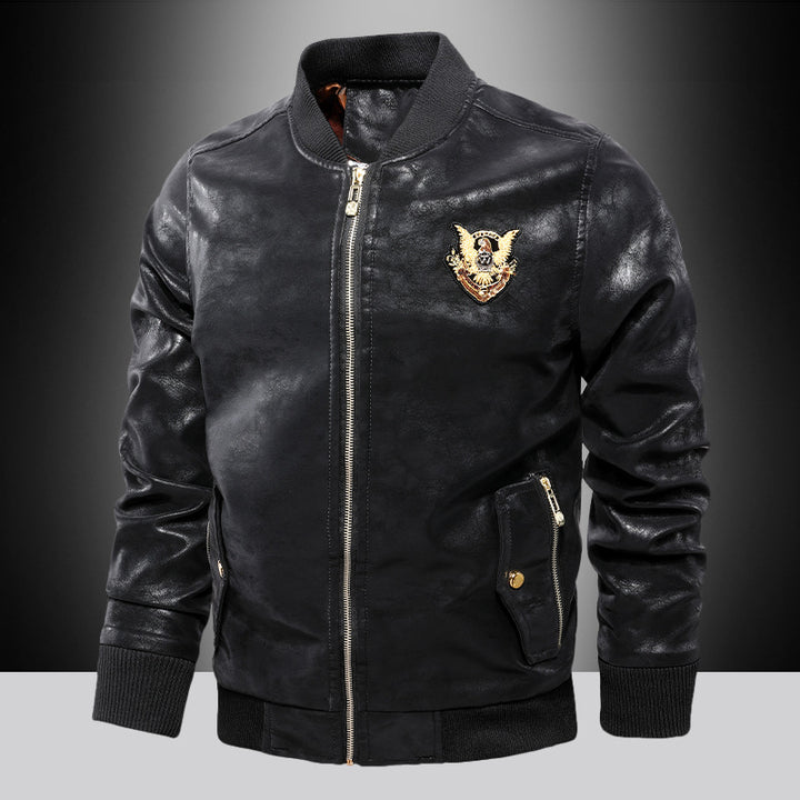 Men's fashion synthetic leather bomber jacket with embroidered details Lisslune
