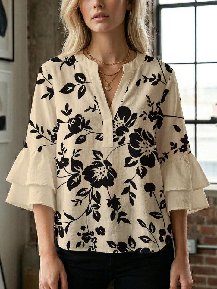Women's casual blouse with ruffled sleeves and botanical print Lisslune
