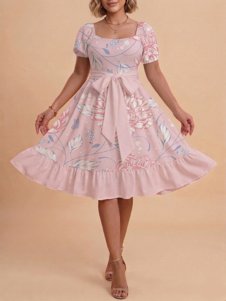 Women's Midi Dress with Elegant Floral Print and Fitted Belt Lisslune