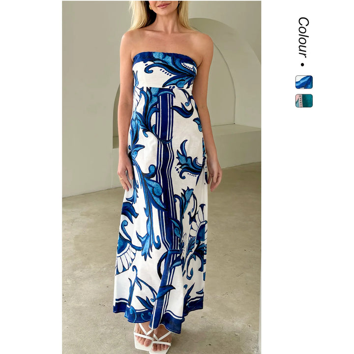 Women's Bandeau Maxi Dress with Elegant Floral Print and Flowing Cut
