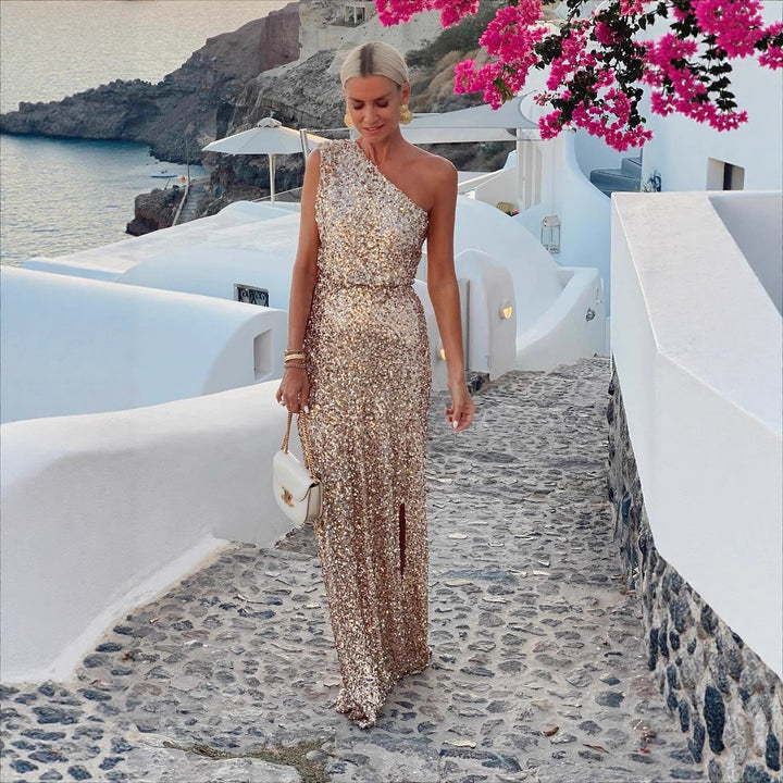 Women Elegant Evening Dress with Sparkling Sequin Fabric and Side Slit Lune London