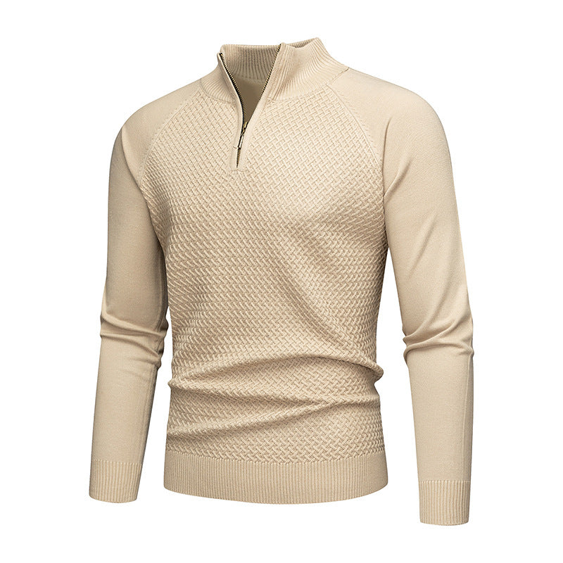 Men's Fine Knit Pullover with Textured Surface and Short Zipper Lisslune
