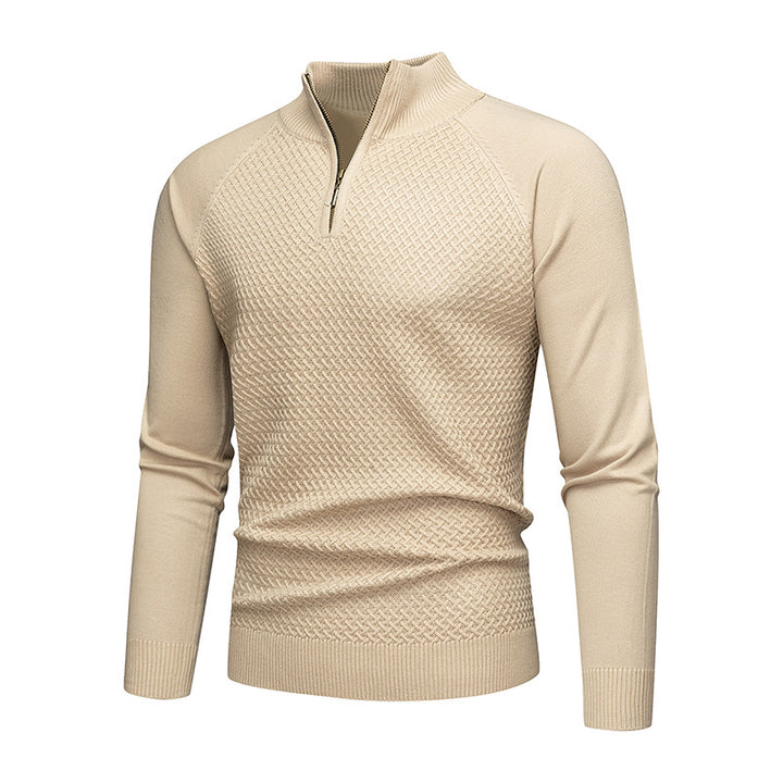 Men's Fine Knit Pullover with Textured Surface and Short Zipper Lisslune