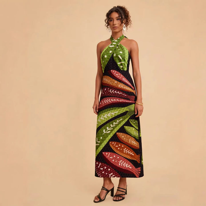 Ladies Halterneck Maxi Dress with Colorful Leaf Design and Flared Cut