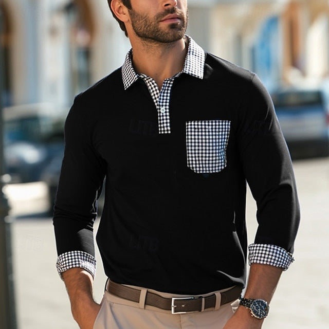 Men's long-sleeve shirt with checked collar and practical breast pocket Lisslune