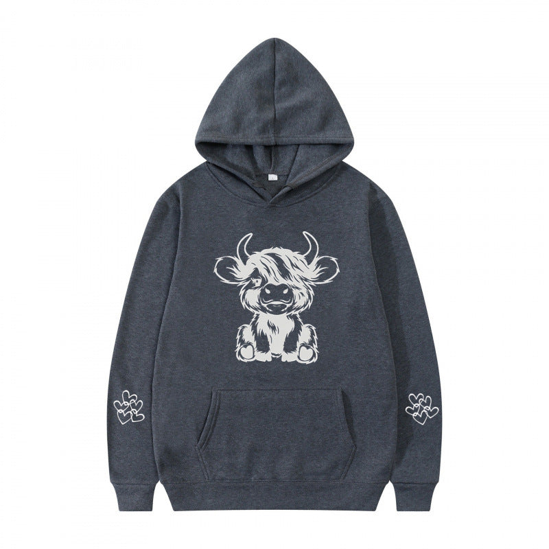 Women's hooded sweatshirt with charming cow motif and practical kangaroo pockets Lisslune