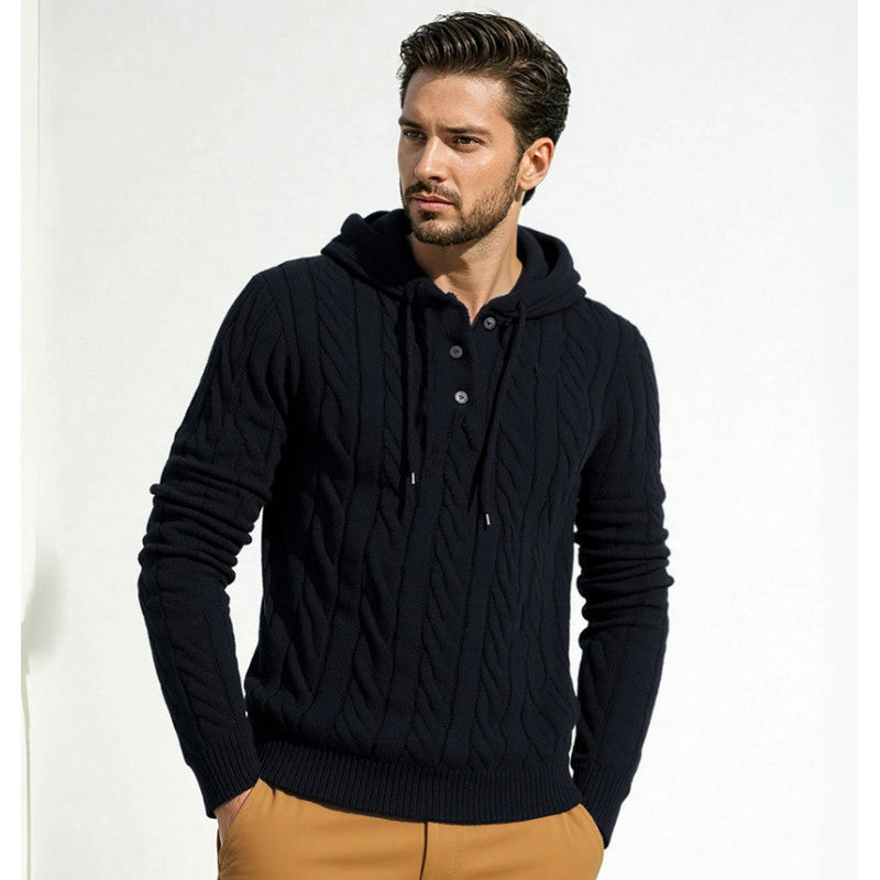 Men's stylish knit sweater with hood and button details Lisslune