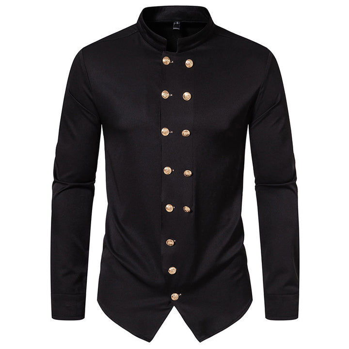 Men's Long Sleeve Shirt with Traditional Stand Collar and Decorative Buttons Lisslune