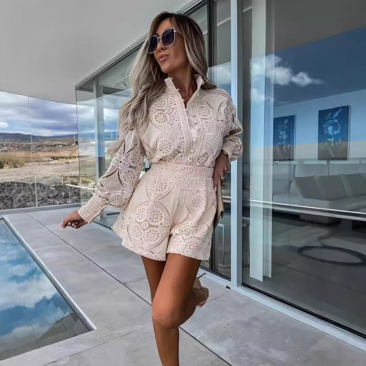 Ladies festive dress with unique crochet lace structure and elegant puff sleeves Lune London