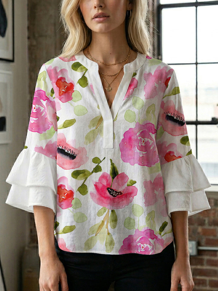 Women Elegant Top with Voluminous Puff Sleeves and Floral Print Lisslune
