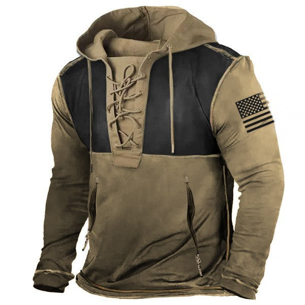 Men's hoodie with trendy lacing detail and American flag motif Lisslune