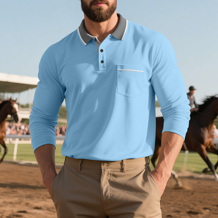 Men's long-sleeved polo shirt with elegant button placket and practical breast pocket Lisslune