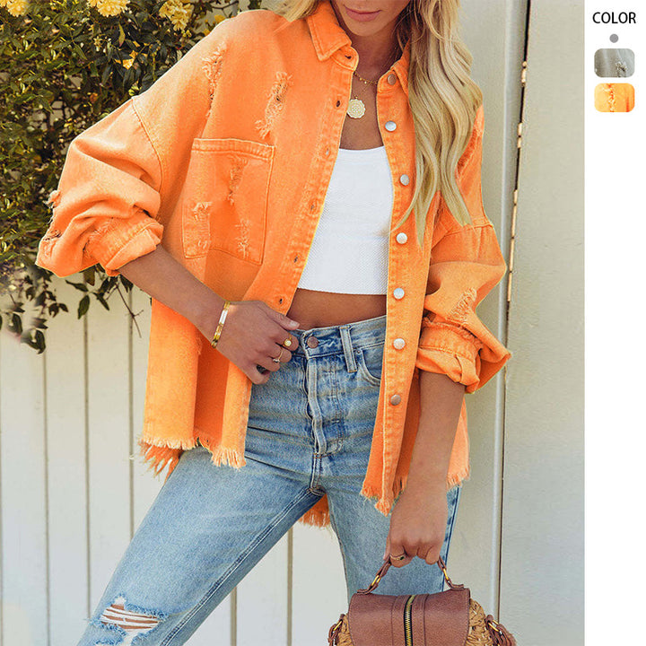 Women's Casual Oversized Denim Jacket with Frayed Edges and Decorative Buttons Lisslune