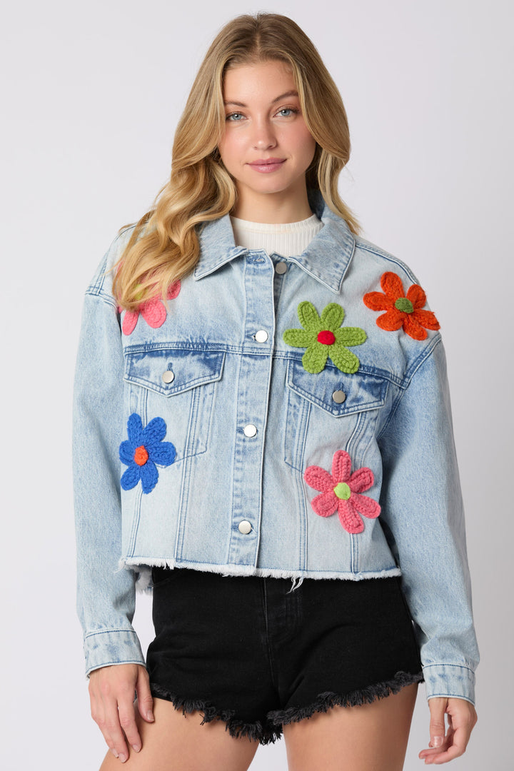 Women's cropped denim jacket with colorful football patches and casual cut Lisslune