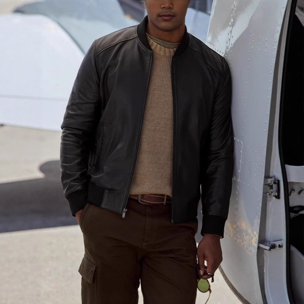 Men's Synthetic Leather Bomber Jacket with Elastic Cuffs Lisslune