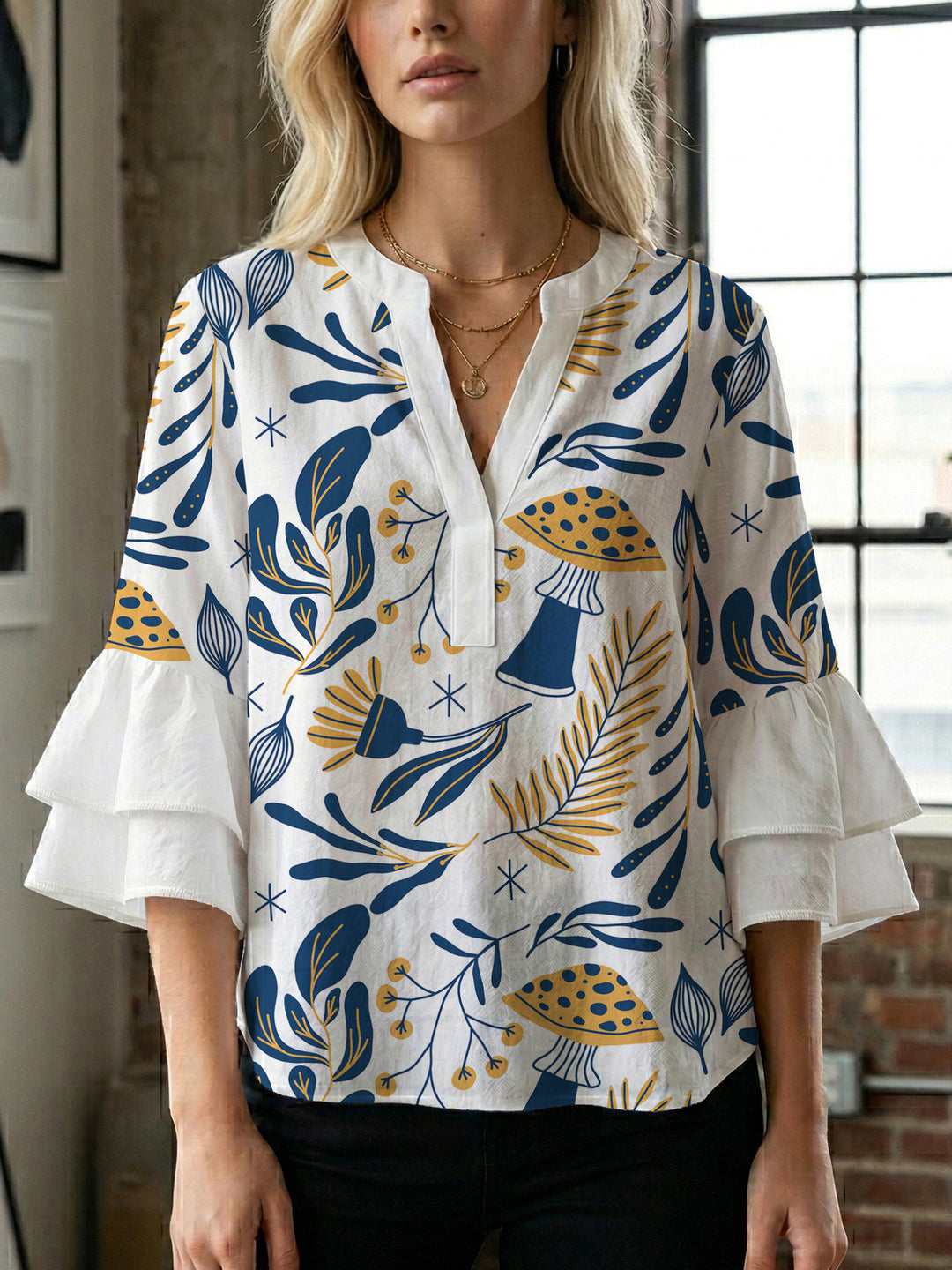 Women Elegant Top with Voluminous Puff Sleeves and Floral Print Lisslune