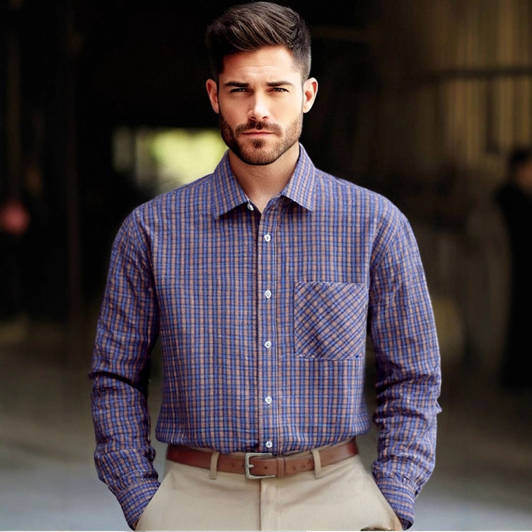Men's long-sleeved checkered shirt with chest pocket and fashionable cut Lisslune