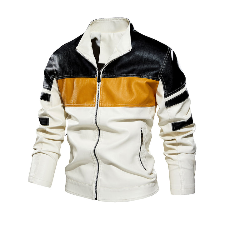 Men's fashionable biker jacket made of leather artificial with contrasting color panels Lisslune