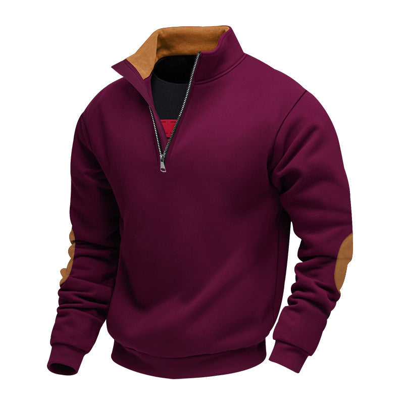 Men's Sporty Stand Collar Sweater with Zipper and Leather Accents Lisslune