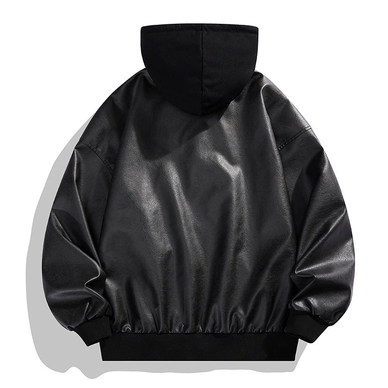 Men's Casual Synthetic Leather Jacket with Hood and Elastic Cuffs Lisslune