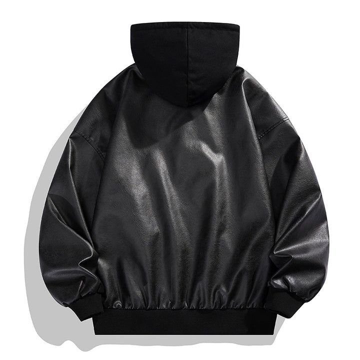 Men's Casual Synthetic Leather Jacket with Hood and Elastic Cuffs Lisslune