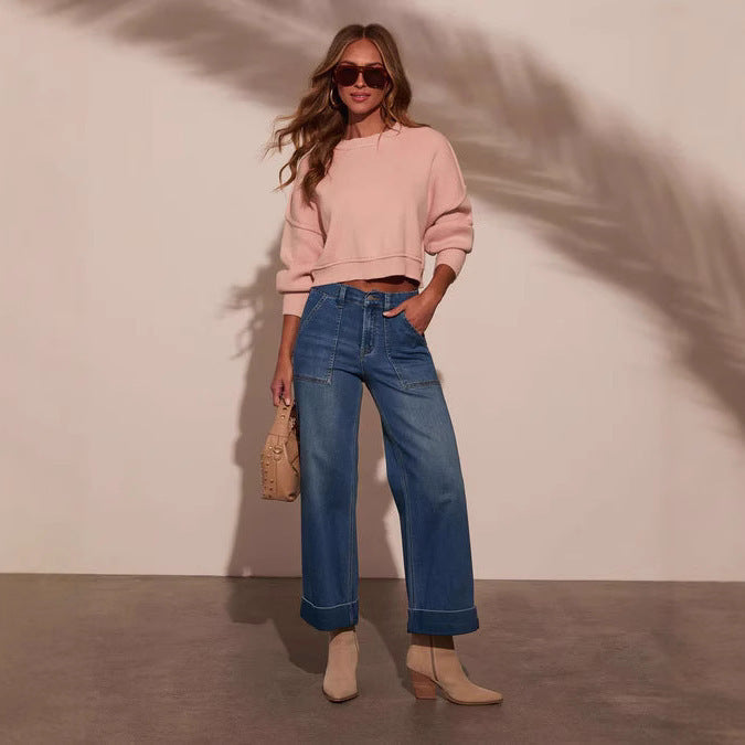 Damen weit geschnittene Denim-Hose mit hohem Bund Lisslune