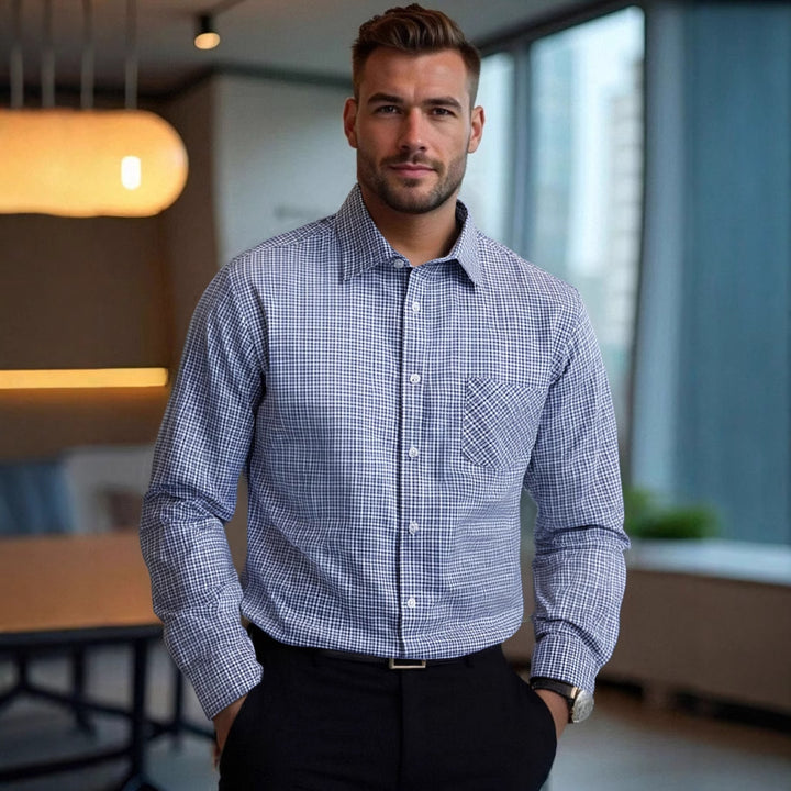 Men's long-sleeve shirt with modern check pattern and breast pocket Lisslune
