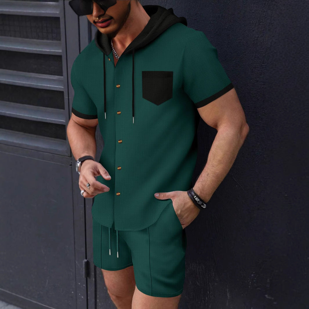 Men's fashionable short-sleeve shirt with matching shorts and practical hooded design Lisslune