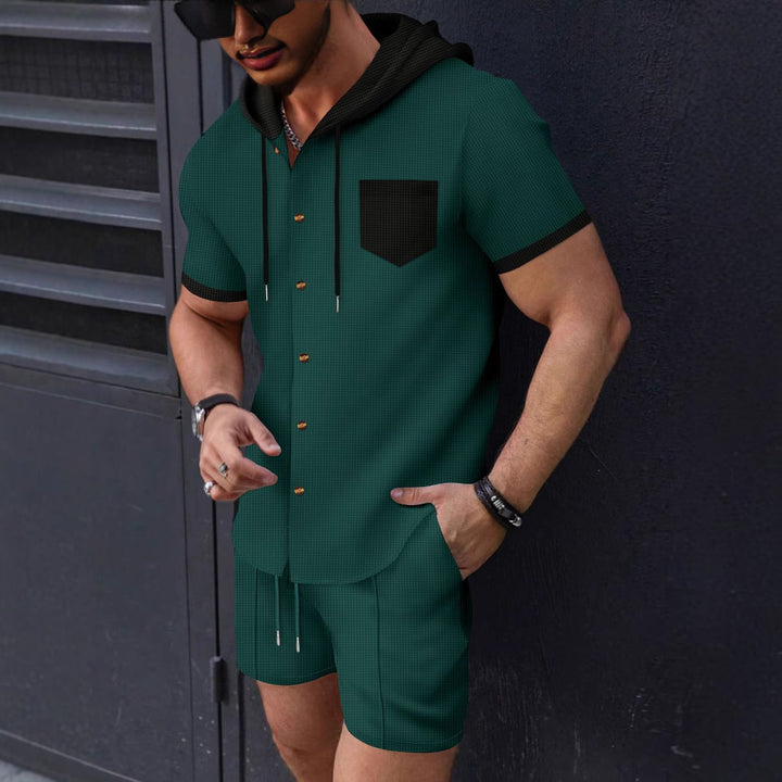 Men's fashionable short-sleeve shirt with matching shorts and practical hooded design Lisslune