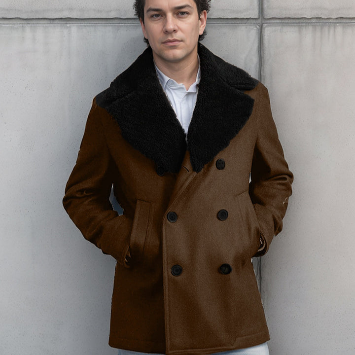 Men's elegant wool coat with high closed fur collar Lisslune