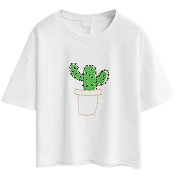 Women's casual T-shirt with cute cat and plant design Lisslune