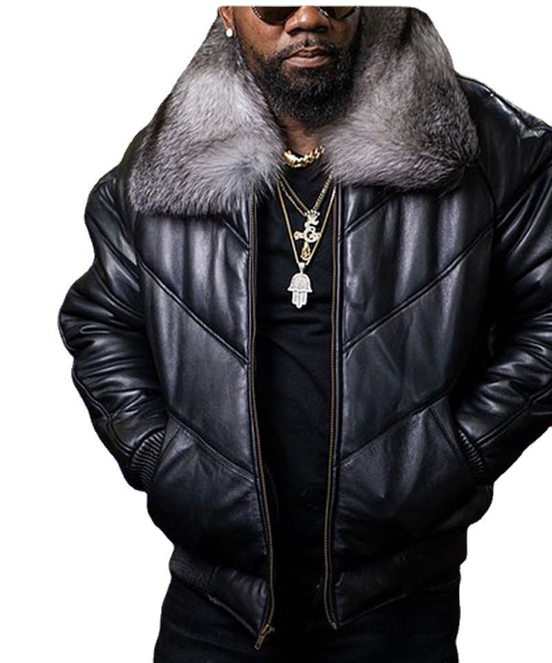 Men's lambskin bomber jacket with luxurious synthetic fur collar and modern cut Lisslune