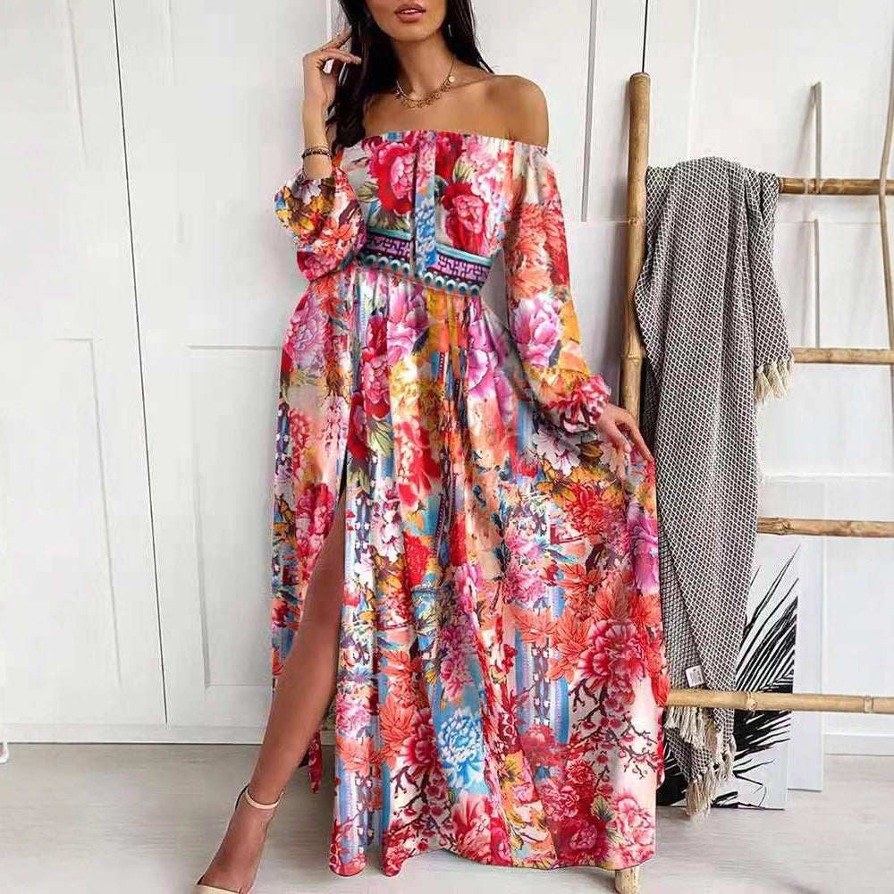 Women's maxi dress with open shoulder design and elaborate baroque pattern Lisslune