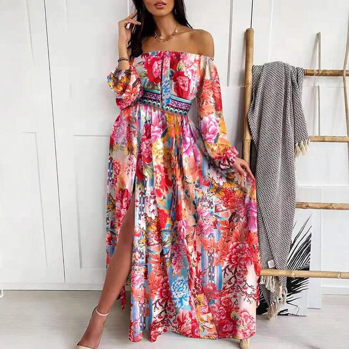 Women's maxi dress with open shoulder design and elaborate baroque pattern Lisslune