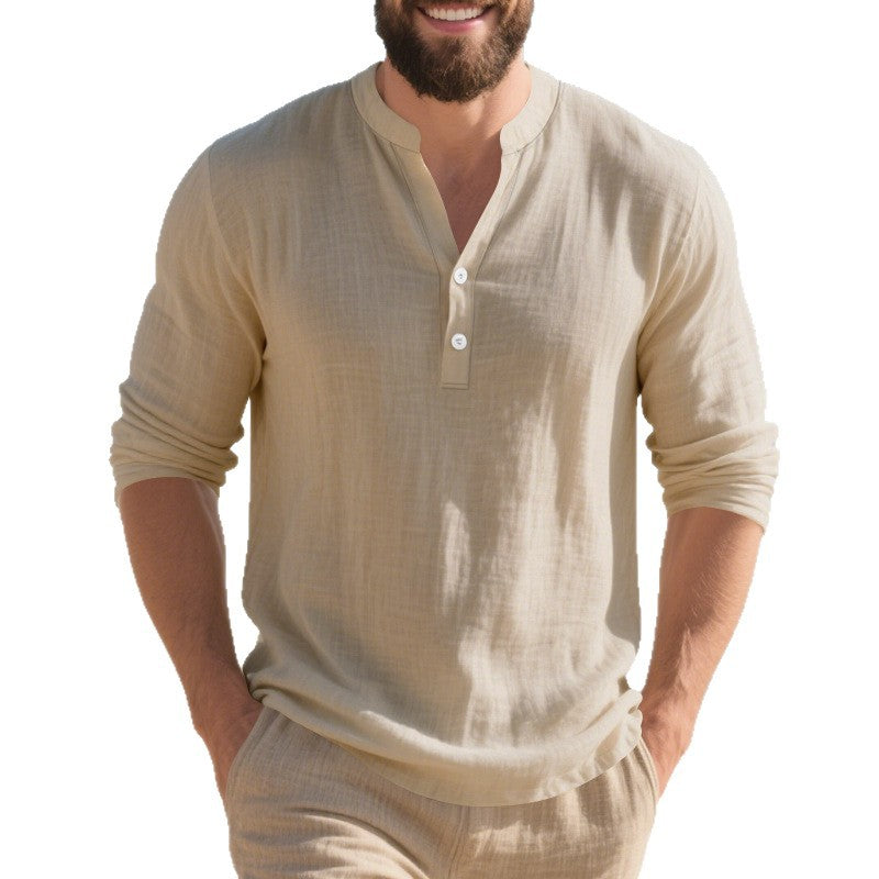 Men's long-sleeve shirt with fashionable stand-up collar and elegant button details Lisslune