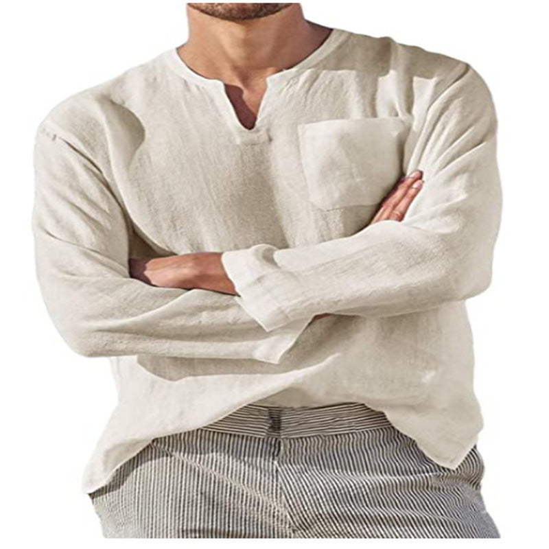 Men's linen shirt with casual V-neck and practical chest pocket Lisslune