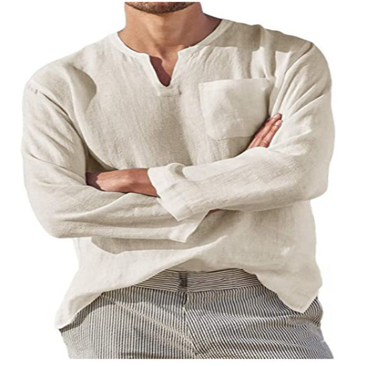 Men's linen shirt with casual V-neck and practical chest pocket Lisslune