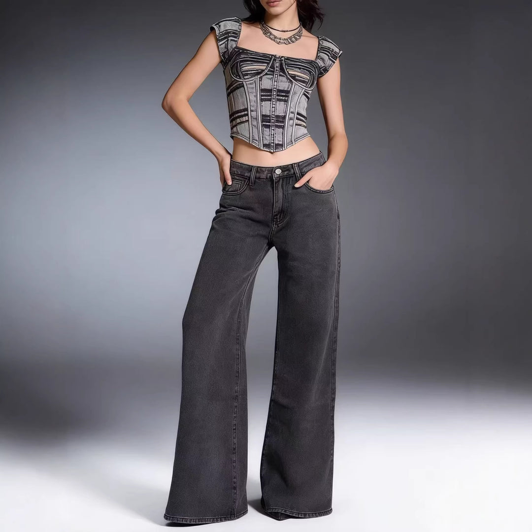 Damen weite Denim-Hose mit Vintage-Waschung und hoch geschnittenem Bund Lisslune