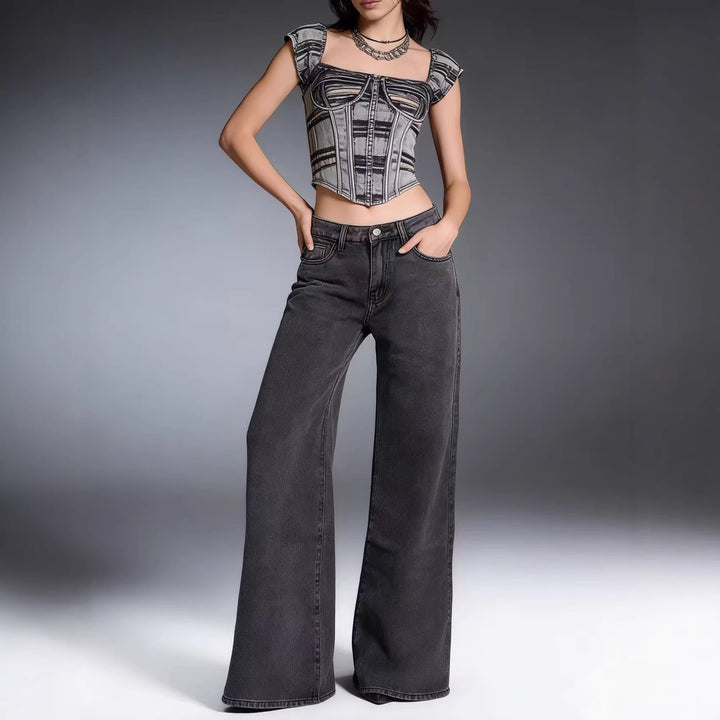 Damen weite Denim-Hose mit Vintage-Waschung und hoch geschnittenem Bund Lisslune