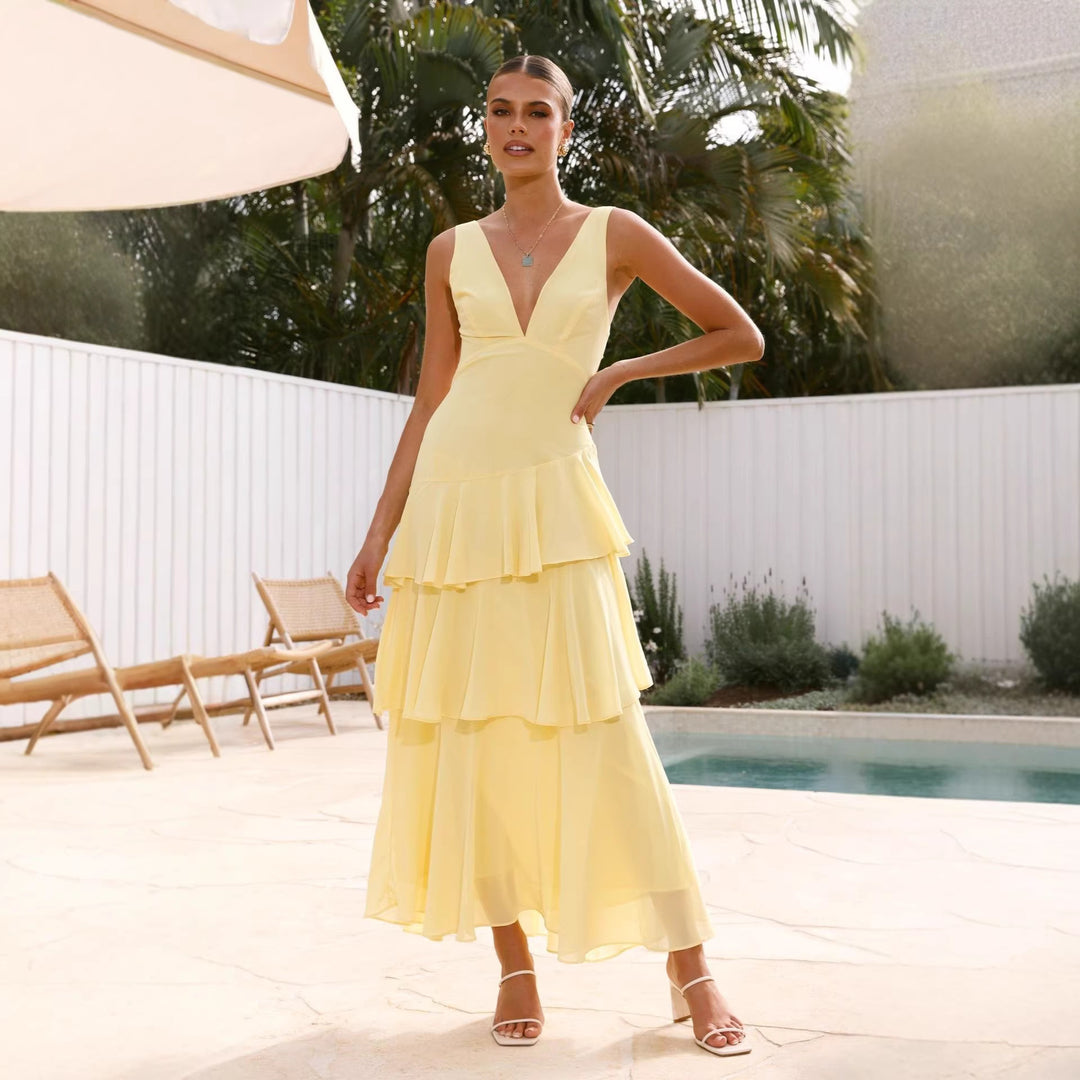 Women's maxi dress with seductive ruffle layers and deep V-neck