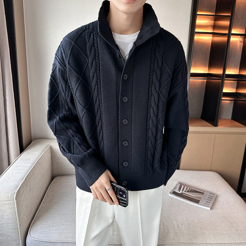 Men's chunky knit sweater with modern stand-up collar and button placket Lisslune