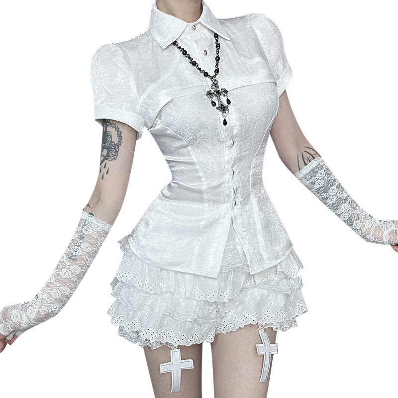 Ladies corset blouse with ruffle cut and high-neck design