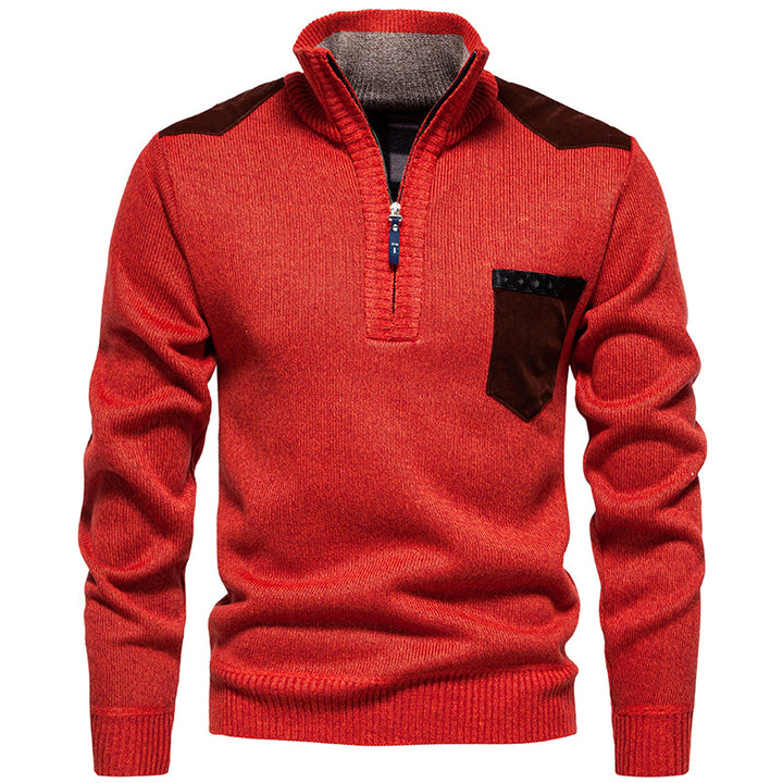 Men's Stand Collar Sweater with Contrasting Details and Practical Pockets Lisslune