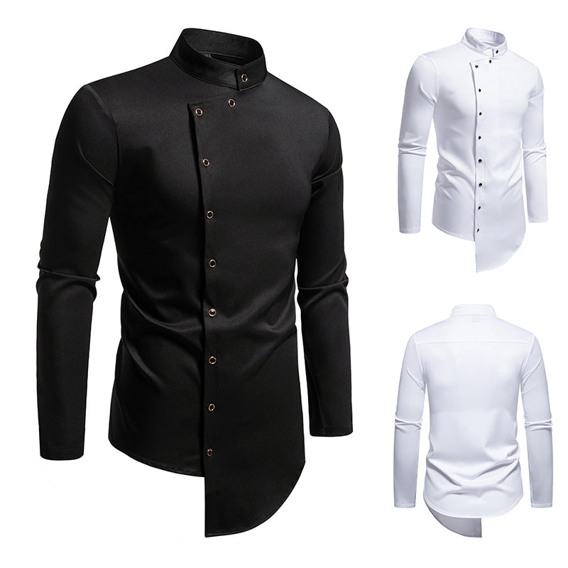 Men's modern cut long-sleeve shirt with asymmetrical button placket and stand collar Lisslune
