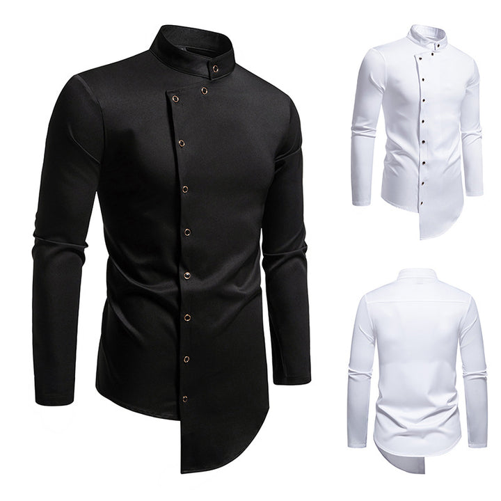 Men's modern cut long-sleeve shirt with asymmetrical button placket and stand collar Lisslune